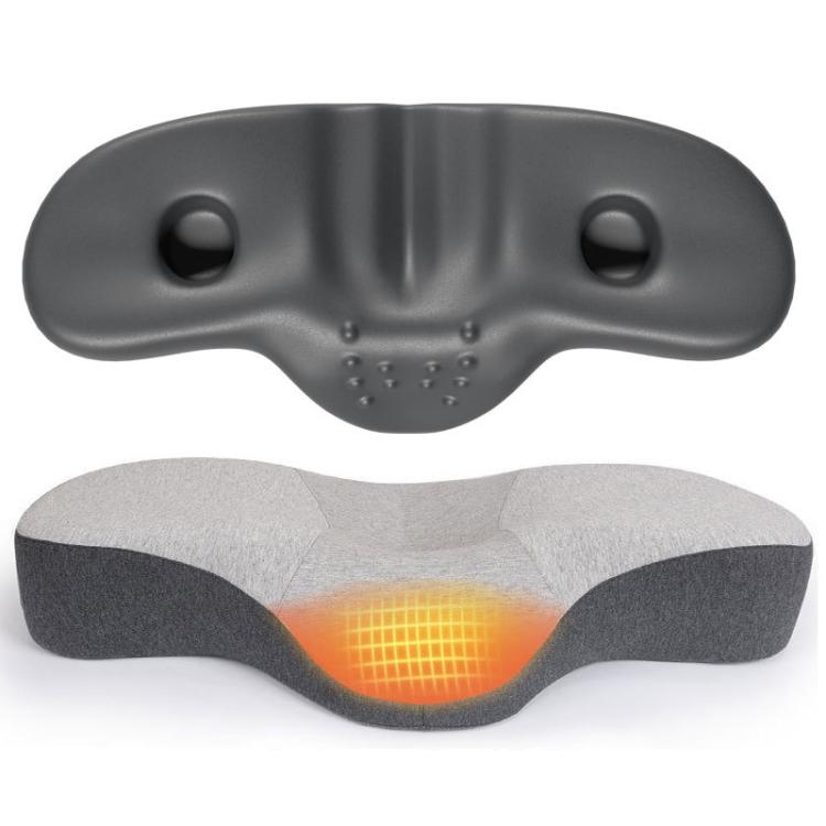 Ergonomic heated memory foam neck pillow with contoured support and glowing heat center