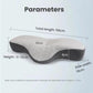 Contoured neck pillow with size diagram: 58cm length and 19cm side width