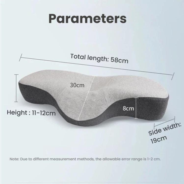 Contoured neck pillow with size diagram: 58cm length and 19cm side width