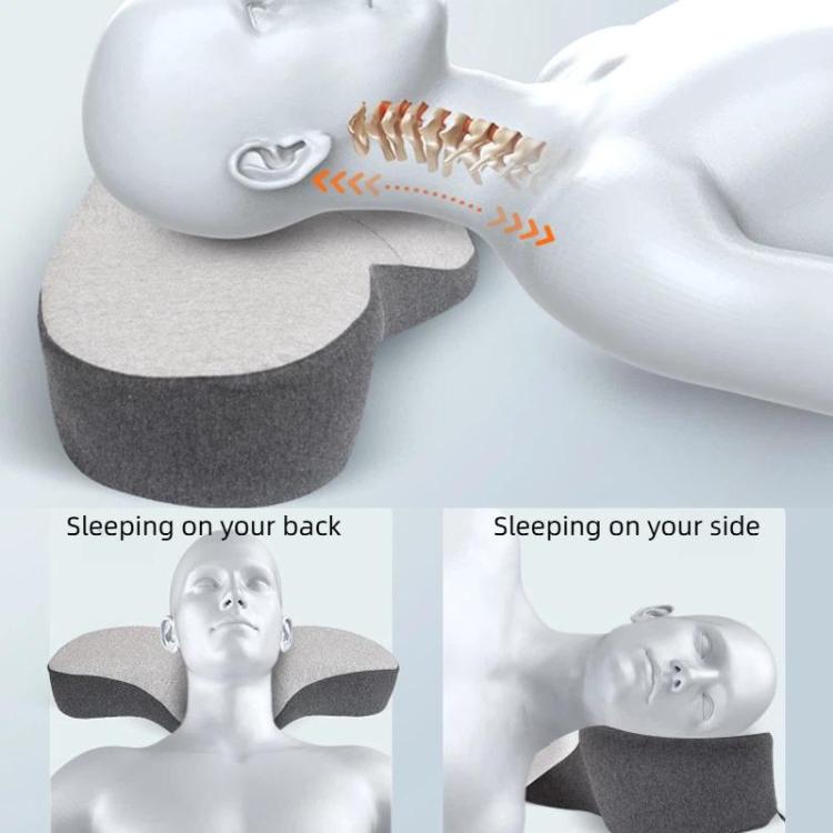 Ergonomic memory foam neck pillow showing back and side sleeping support angles