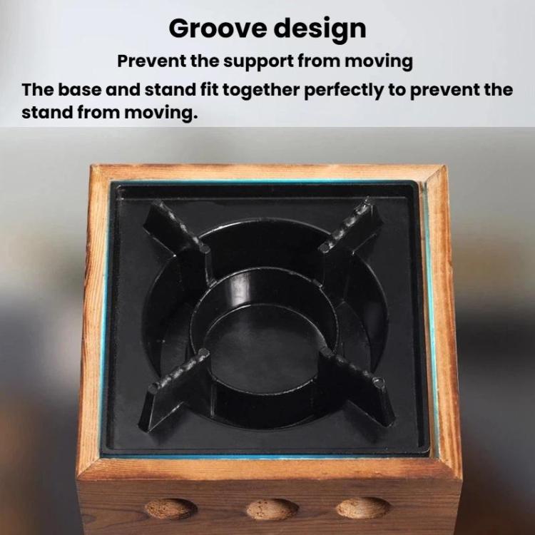 Square stove base with black burner and cross-style flame supports in tray