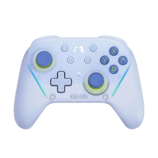 Light blue wireless game controller with green thumbsticks and cross plus button layout