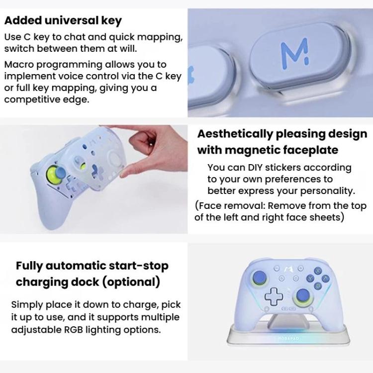 Light blue wireless controller with top M button and optional charging dock base