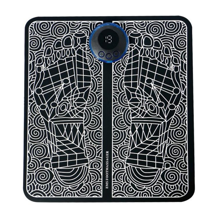 Pulsed foot massage mat with black-and-white patterned surface and round control module