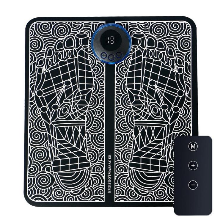 Foot massage mat set with patterned mat, round control module, and dark remote controller