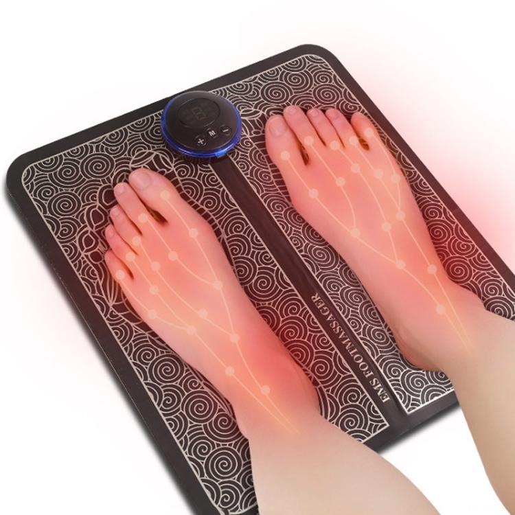 Black foot massage mat with patterned cover and raised massage pads