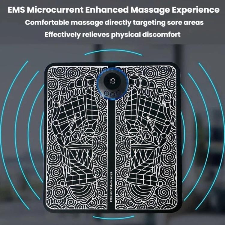 Pulsed foot massage mat with round LCD control module and blue intensity light arcs
