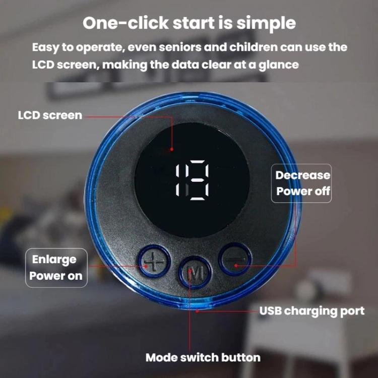 Round LCD control module with blue power button and mode controls for foot massager mat
