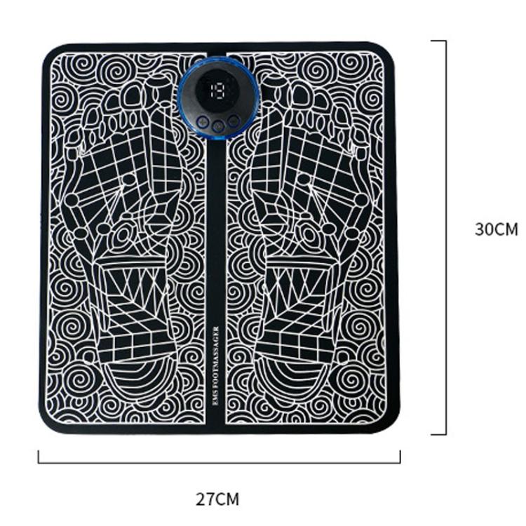 Foot massage mat with patterned top and round control module, shown with size markers
