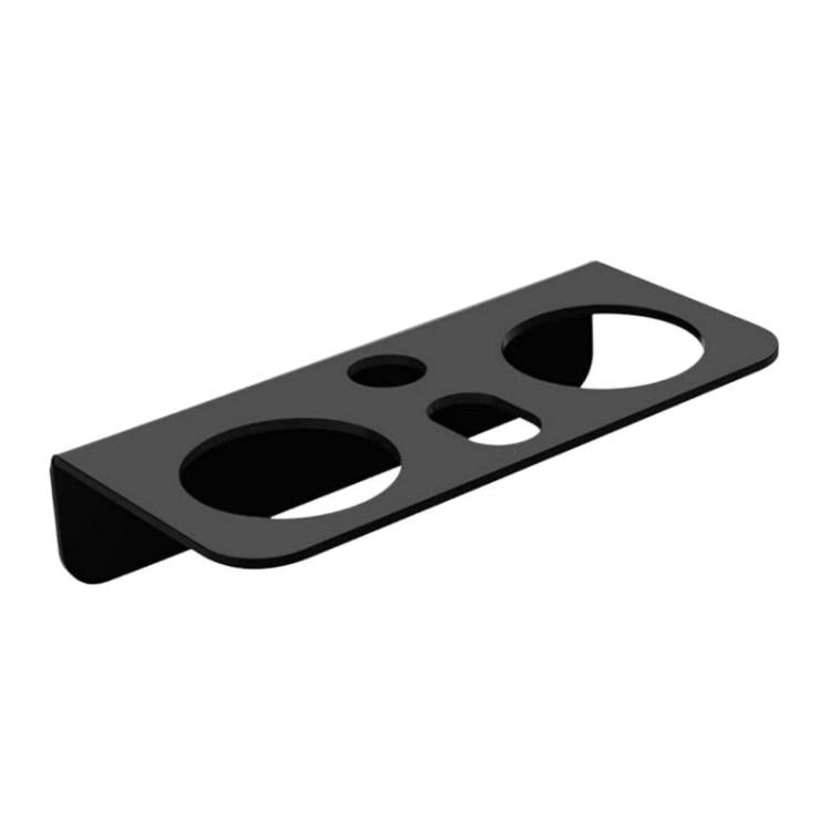 Black acrylic wall-mount holder with cutouts for coffee press cups and parts