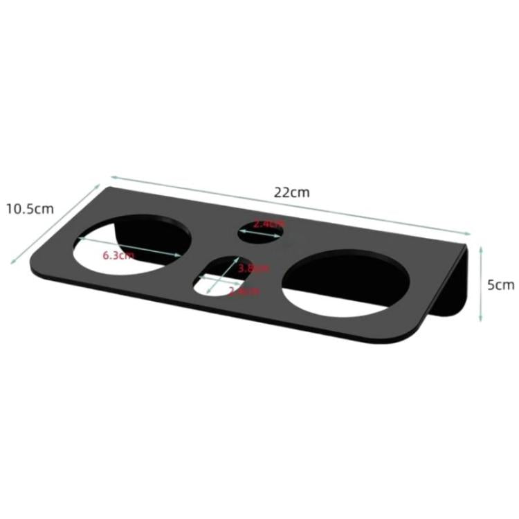 Black acrylic wall-mount holder with labeled measurements and circular openings