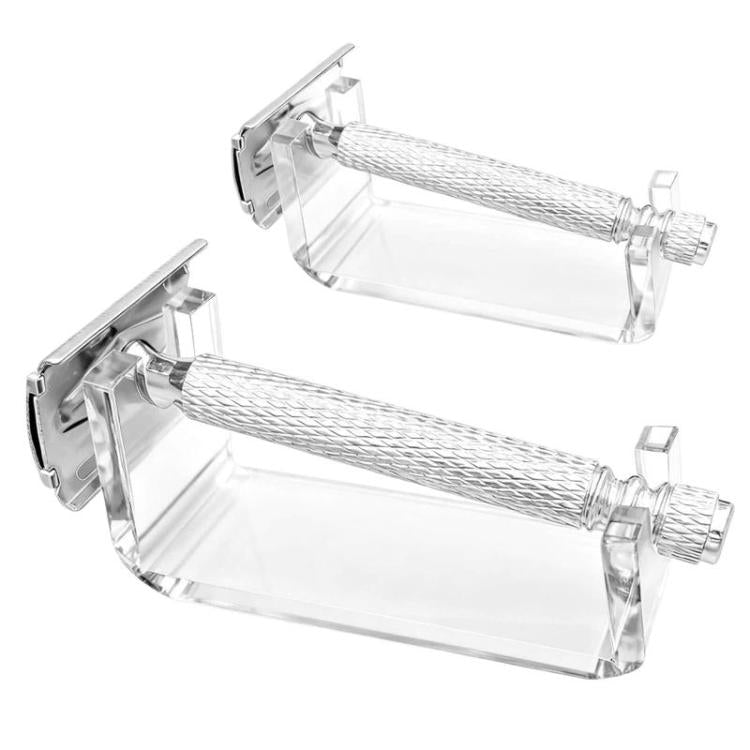 Clear acrylic shaver holder pair with mesh-texture handle grip and side mounting clips