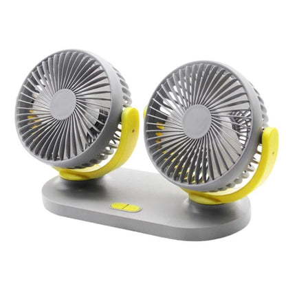 Dual-head portable desk fan with grey grille and yellow support arms