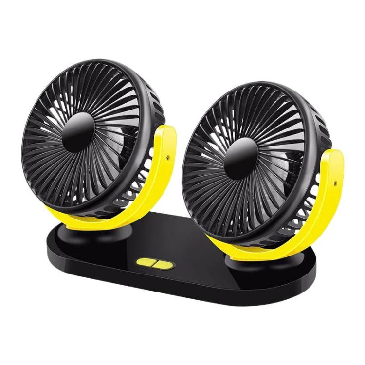 Dual-head portable desk fan with black grille and yellow support arms