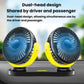 Dual-head fan for car dashboard with blue-lit grille and yellow U-shaped stands