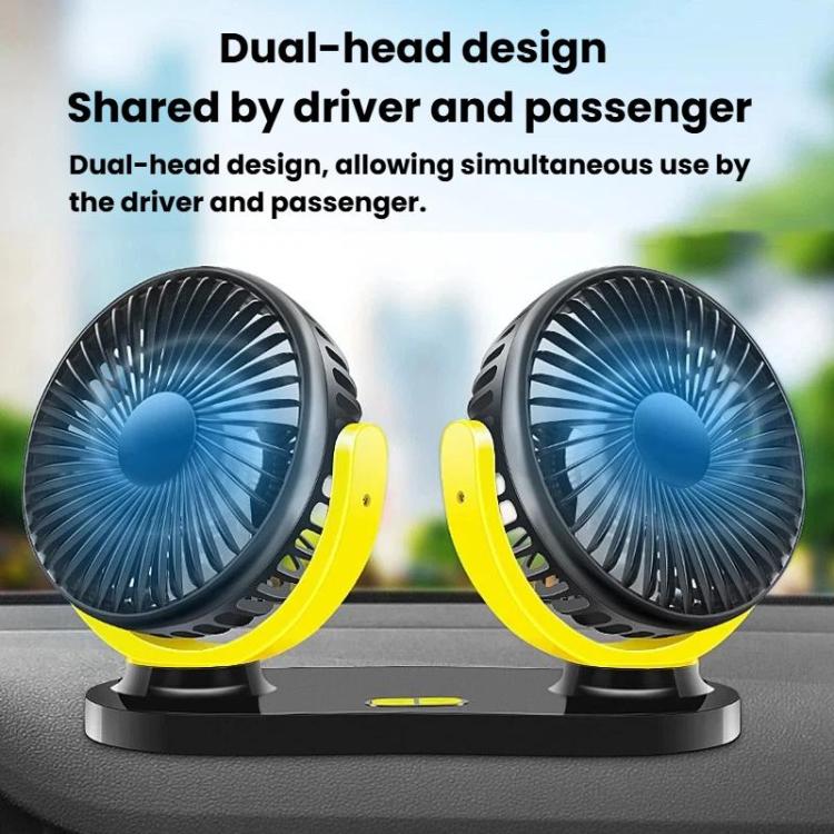 Dual-head fan for car dashboard with blue-lit grille and yellow U-shaped stands