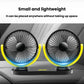 Dual-head portable fan with black grille and yellow support arms on dashboard