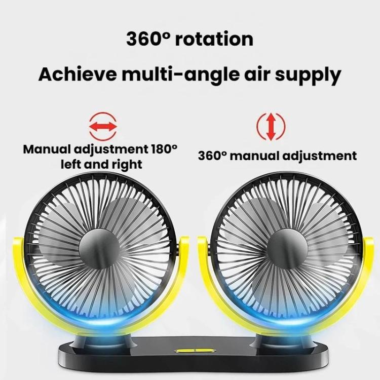 Dual-head fan with yellow arms and circular grilles, shown for 360 rotation