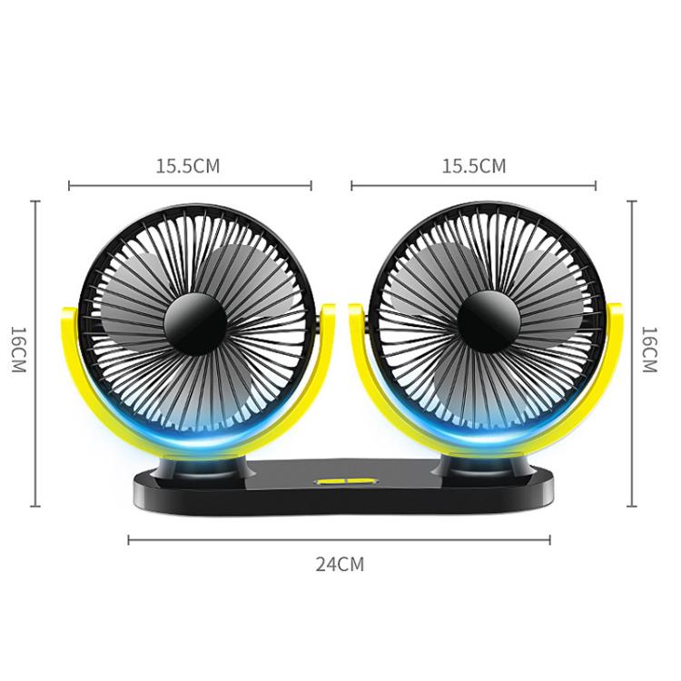 Portable dual-head USB car fan with grey blades and yellow accents, desk-ready base