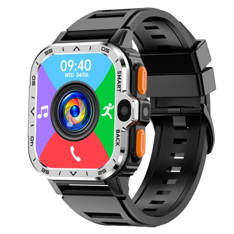 Rugged black smartwatch with silver bezel, orange buttons, and colorful app display