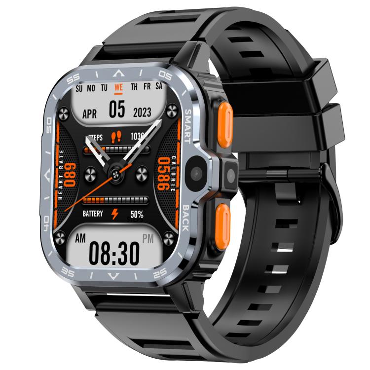 Rugged black smartwatch with silver bezel, orange buttons, and analog-style display