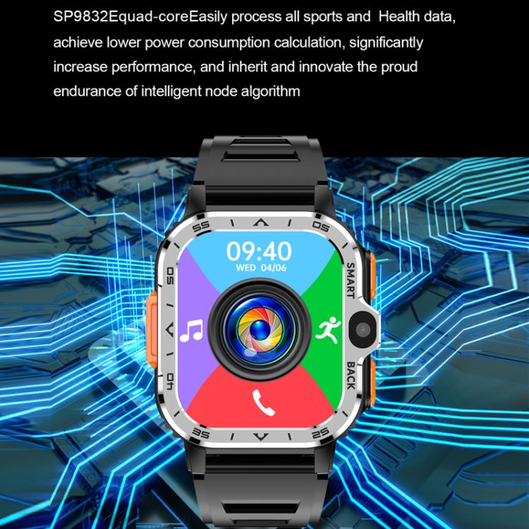 Rugged smartwatch with black strap, silver case, orange buttons, and colorful watch face