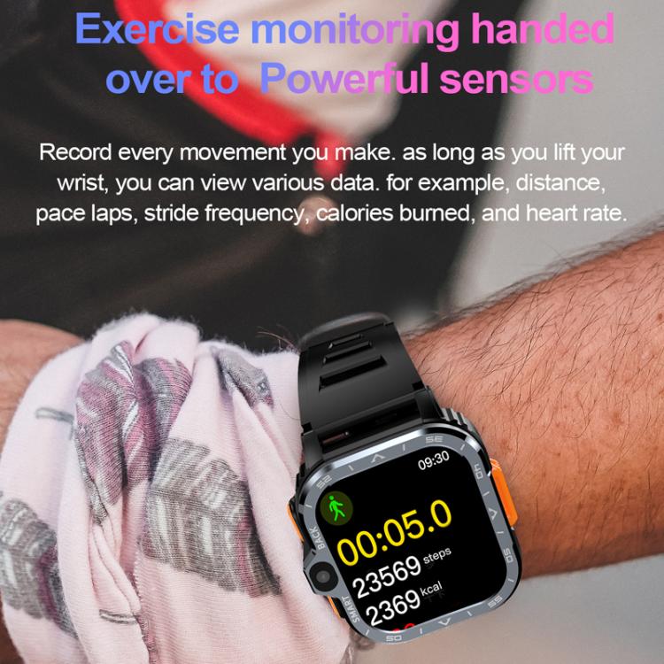 Rugged smartwatch on a wrist displaying exercise time, steps, and calories