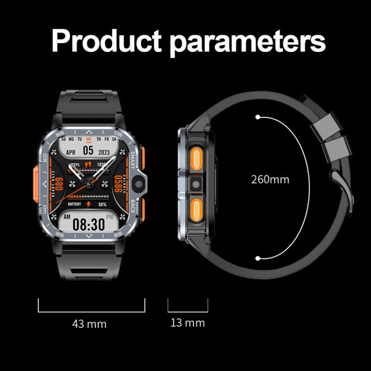 Rugged smartwatch shown front, side, and band views with 43 mm case and 260 mm band