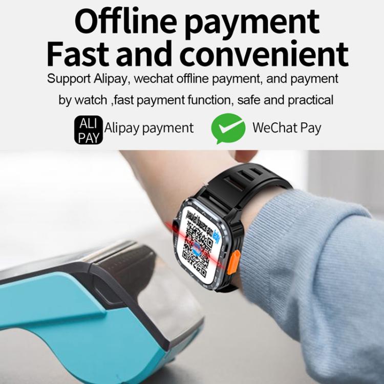 Rugged smartwatch displaying a QR payment code near a payment terminal