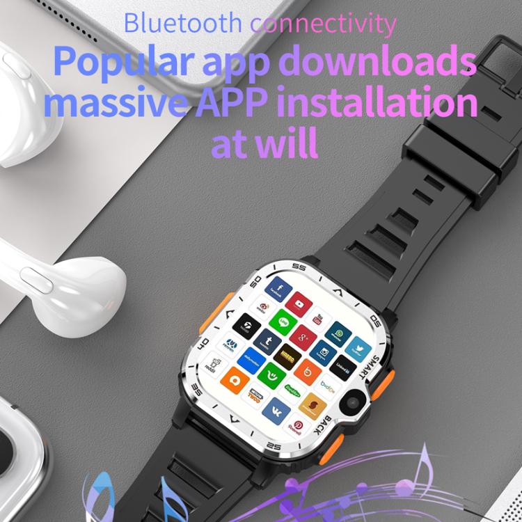 Rugged smartwatch with black strap, silver case, orange buttons, and app icons on its display