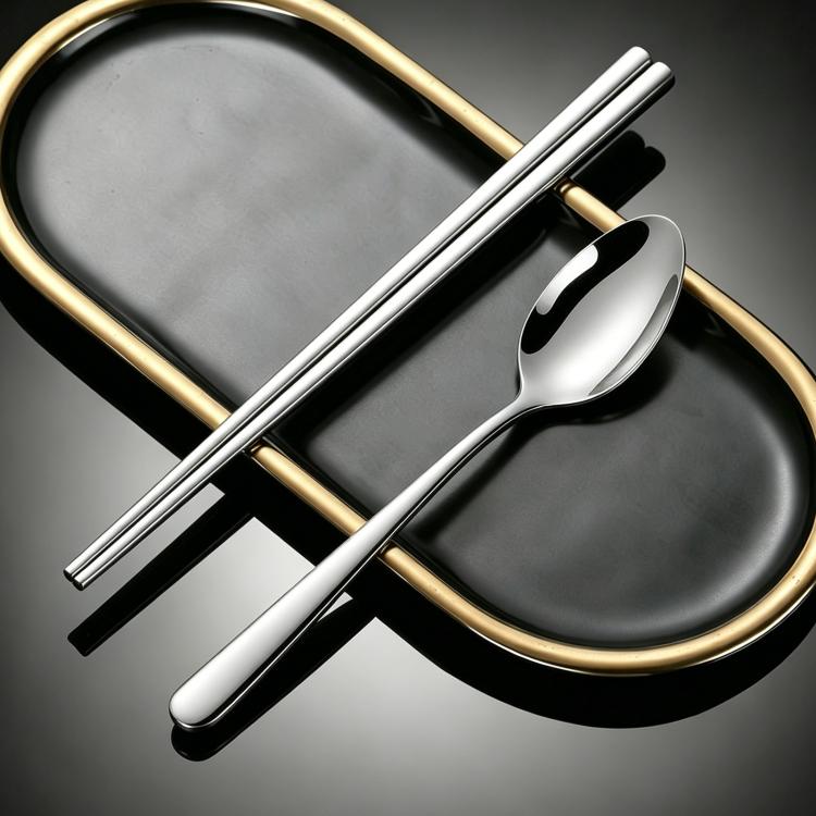 Silver stainless steel square chopsticks with matching pointed spoon