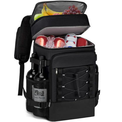 Black insulated leak-proof picnic backpack with front organizer and bottle holders