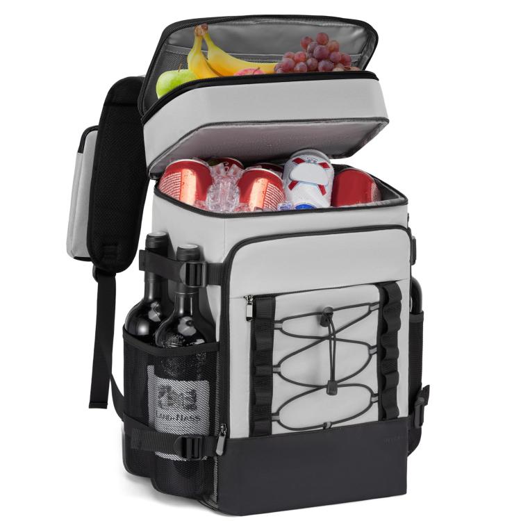Black and gray insulated leak-proof picnic backpack with open front cooler and bottle holders