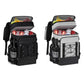 Picnic cooler backpack in black and gray, front cooler compartment open with drink holders