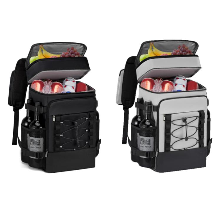 Picnic cooler backpack in black and gray, front cooler compartment open with drink holders