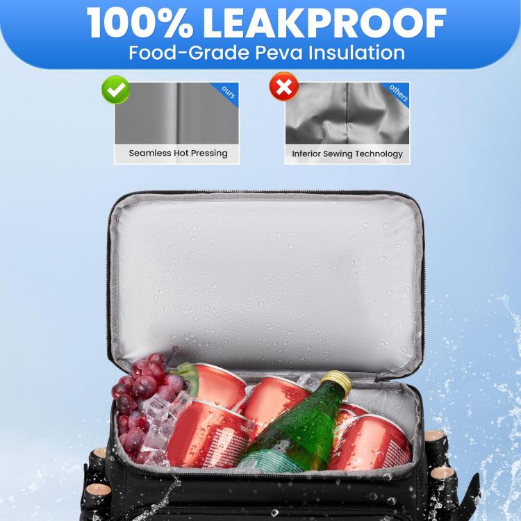 Open insulated leak-proof picnic backpack cooler with PEVA-lined compartment holding drinks
