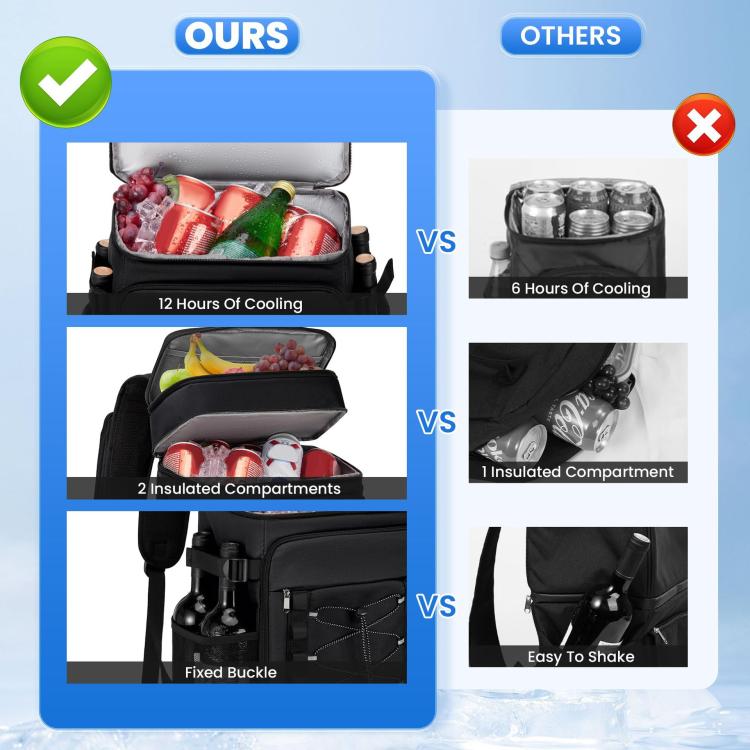 Black leak-proof picnic cooler backpack with front organizer and fixed buckle strap