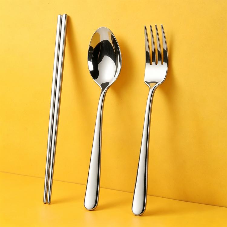 Stainless steel set with chopsticks, spoon, and fork