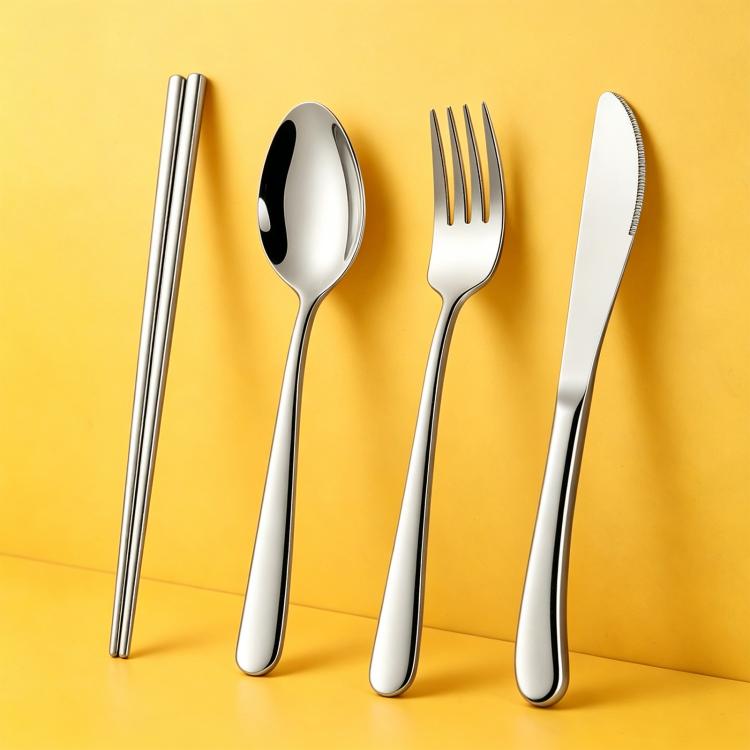 Stainless steel set with chopsticks, spoon, fork, and knife