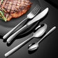 Stainless steel cutlery set with fork, knife, and spoon, polished finish
