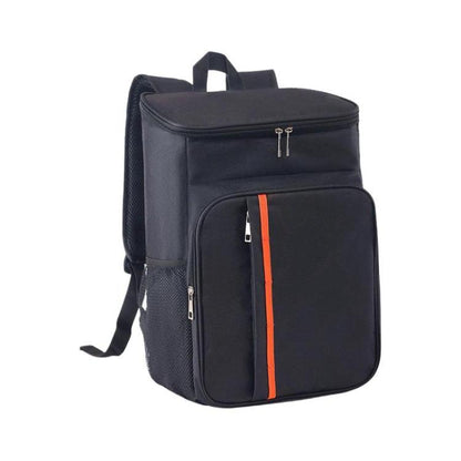 Black insulated cooler backpack with front zip pocket and orange stripe.