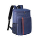 Dark blue insulated cooler backpack with front zip pocket and orange stripe.