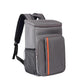Gray insulated cooler backpack with front zip pocket and orange stripe.