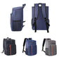 Insulated cooler backpack in black, dark blue, and gray, each with orange stripe.