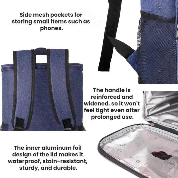 Cooler backpack with open lid showing foil-lined interior and front zip pocket.
