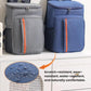 Gray and dark blue insulated cooler backpacks with front zip pocket and orange stripe.