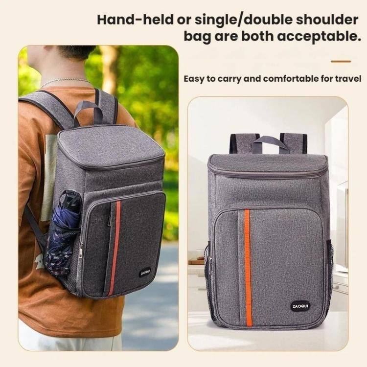 Gray cooler backpack worn on shoulder with front zip pocket and orange stripe.