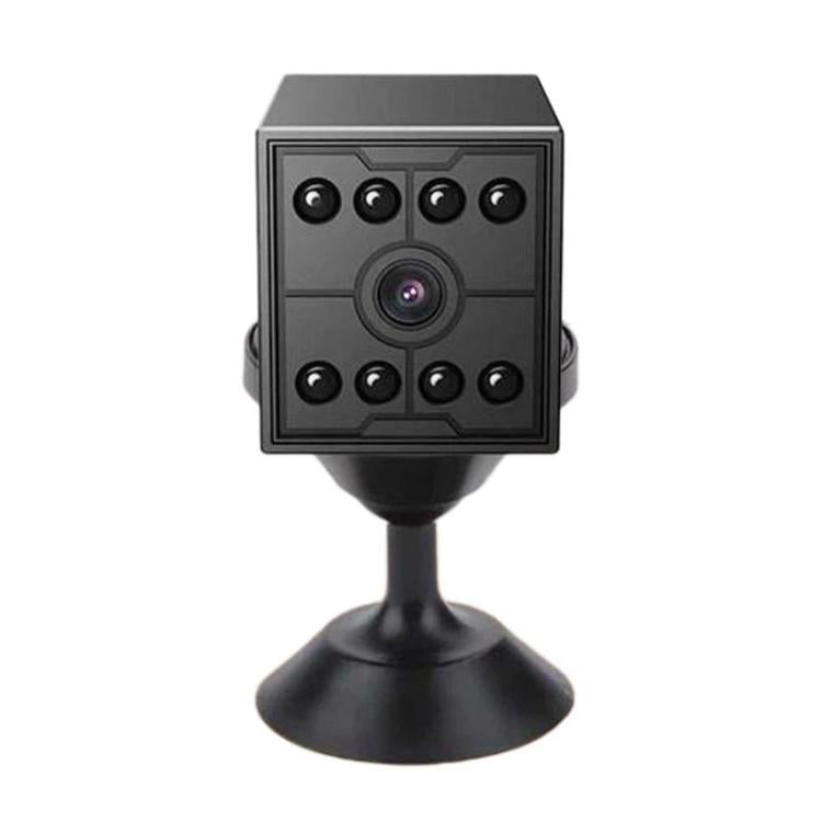 Black mini security camera cube with front lens and multiple IR LEDs on pedestal base.