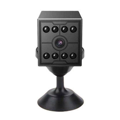 Black mini security camera cube with front lens and multiple IR LEDs on pedestal base.