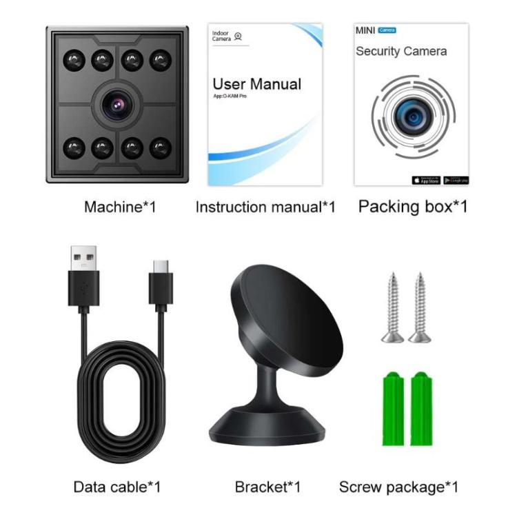 Mini HD infrared night vision camera kit with USB cable, bracket, screws, and manuals